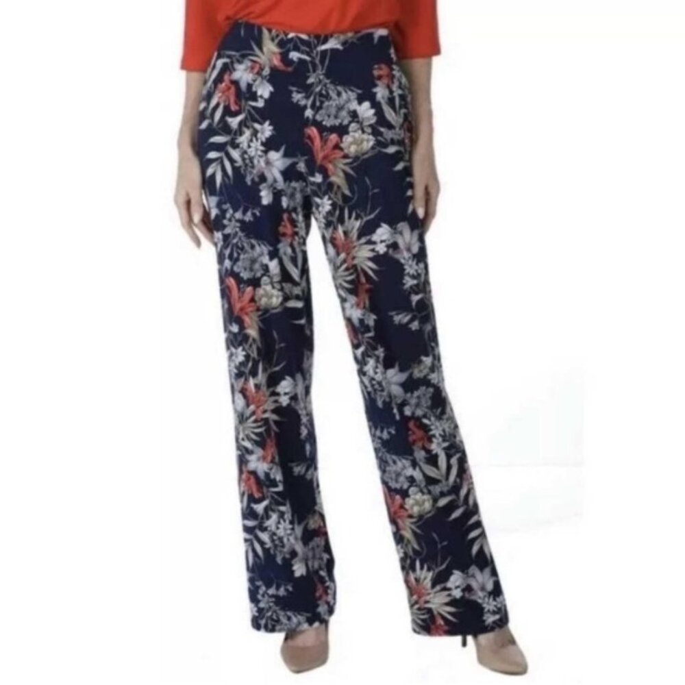 New Kim & Co Wide Leg Navy Blue Floral Stretch Pants Size XXXL bin 1G